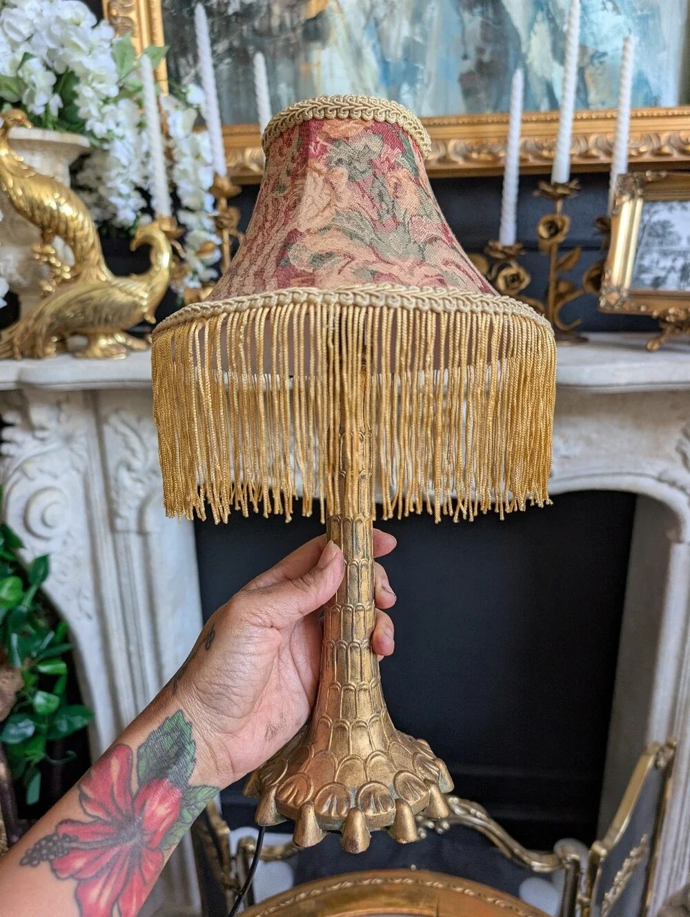 Vintage Mini Gold Ornate Boudoir Footed table lamp/ night light w/ floral Fringe